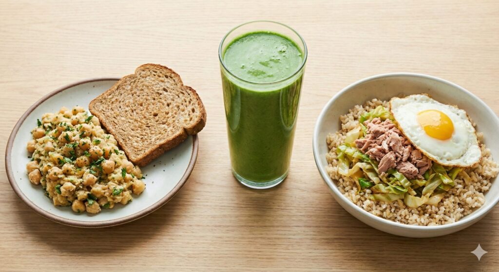 Prepared biohacking meals featuring chickpea mash salad with bread, a kale banana smoothie, and a cabbage tuna rice bowl.