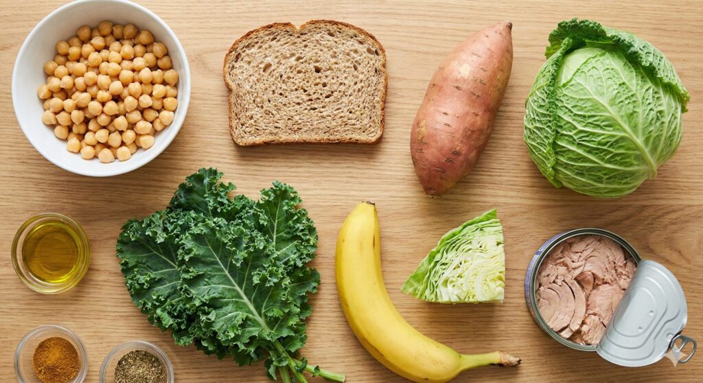 Top-down view of biohacking ingredients including chickpeas, whole wheat bread, sweet potato, kale, banana, cabbage, and canned tuna on a wooden table.
