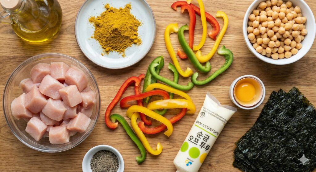 Top-down view of healthy biohacking ingredients including raw chicken breast, curry powder, colorful bell peppers, chickpeas, soft tofu, an egg, and dried seaweed on a wooden table.