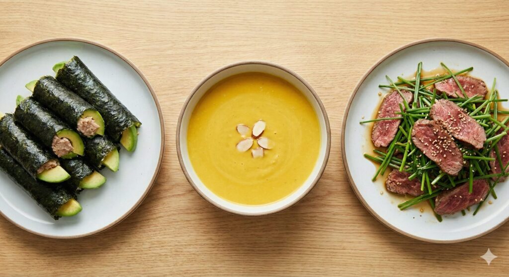 Prepared biohacking meals featuring avocado seaweed wraps with tuna, a bowl of kabocha squash almond milk soup, and a beef and chive salad.