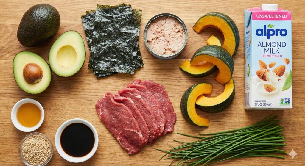 Top-down view of biohacking ingredients including avocados, dried seaweed sheets, canned tuna, kabocha squash, almond milk, beef slices, and chives on a wooden table.