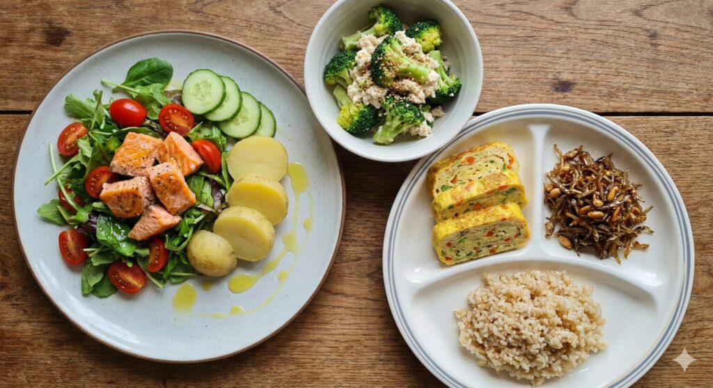 Prepared biohacking meals featuring a salmon salad with cooled potatoes, a broccoli tofu salad, and a plate of rolled omelet with stir-fried anchovies and brown rice.