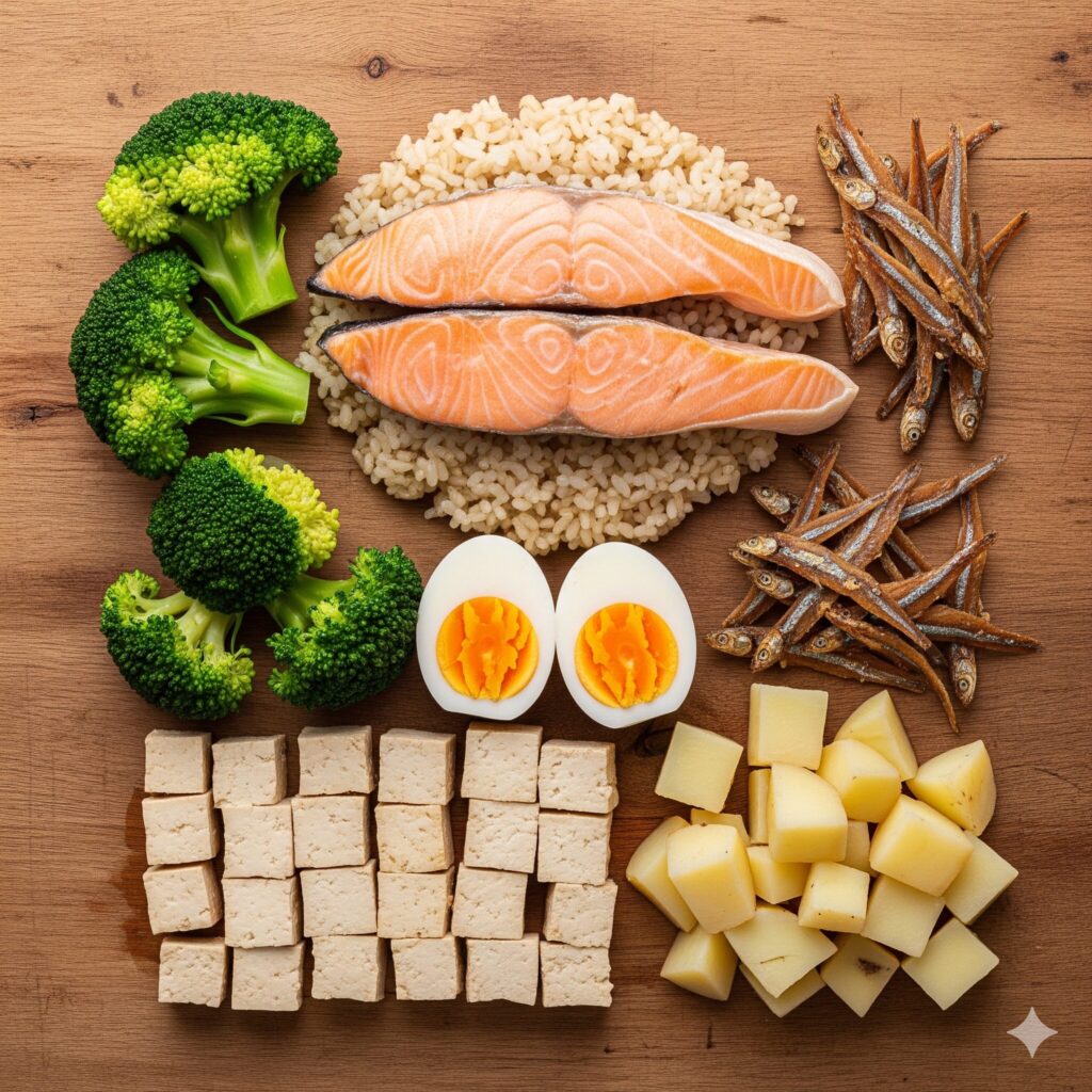 Top-down view of biohacking ingredients including fresh salmon, steamed potatoes, broccoli, firm tofu, antibiotic-free eggs, dried anchovies, and brown rice on a wooden table.