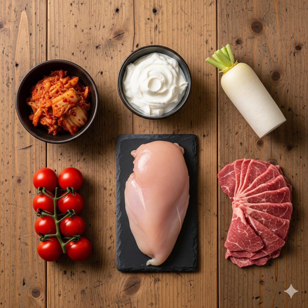 op-down view of biohacking ingredients including chicken breast, aged kimchi, greek yogurt, cherry tomatoes, radish, and lean beef on a wooden table.