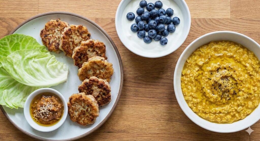 Prepared biohacking meals featuring flourless tuna fritters with cabbage dip, greek yogurt with blueberries, and a bowl of turmeric curry oatmeal porridge.