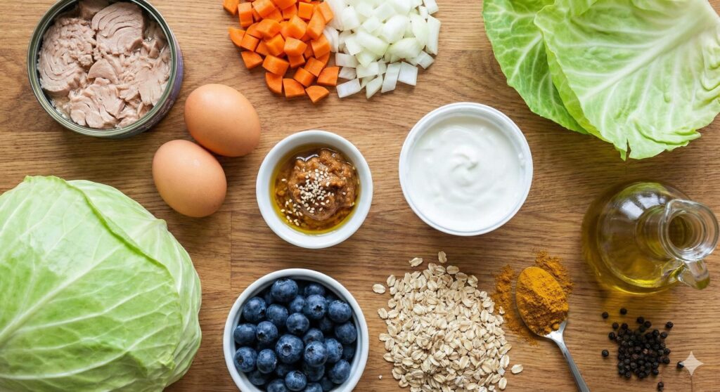 Top-down view of biohacking ingredients including canned tuna, eggs, cabbage, doenjang, greek yogurt, blueberries, rolled oats, and curry powder on a wooden table.