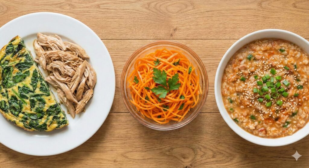 Prepared biohacking meals featuring chicken breast jangjorim with spinach frittata, carrot rapes salad, and a bowl of tuna kimchi oatmeal porridge.