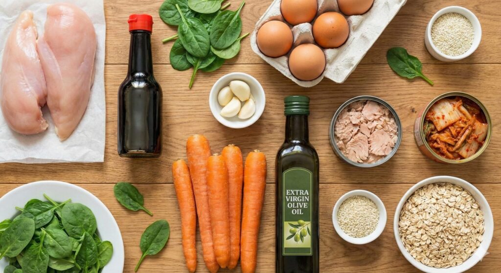 Top-down view of biohacking ingredients including raw chicken breasts, soy sauce, fresh spinach, eggs, carrots, olive oil, canned tuna, aged kimchi, and rolled oats on a wooden table.