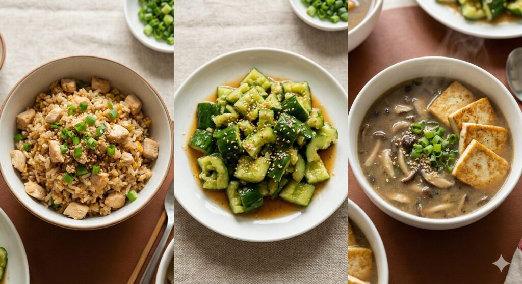 A styled photograph of three finished meals: chicken breast fried rice, smashed cucumber salad, and perilla seed mushroom soup with pan-fried tofu, arranged on a table.