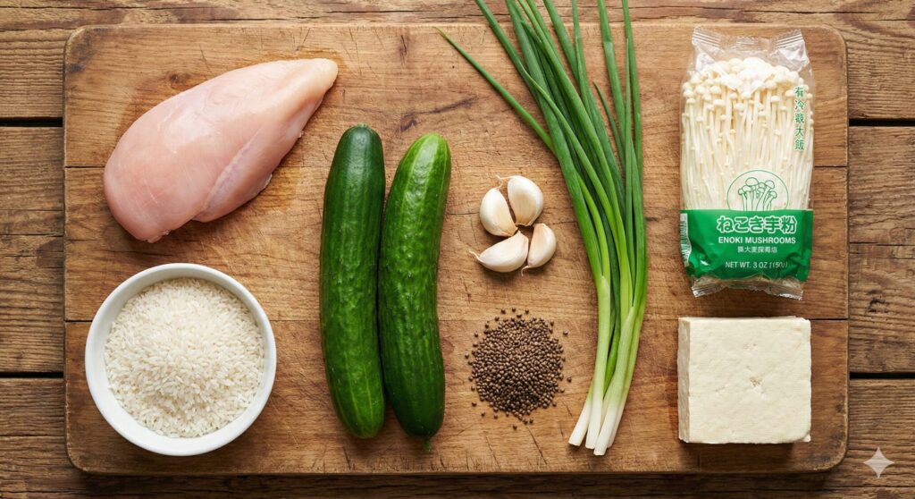 A flat lay photograph of raw ingredients for a biohacking meal plan, including raw chicken breast, uncooked rice, whole cucumbers, garlic, green onions, perilla seeds, mushrooms, and tofu on a wooden board.