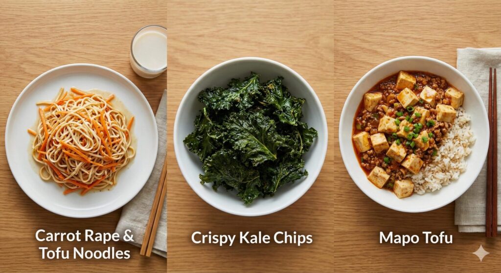 A beautifully styled photograph of three finished biohacking meals arranged on a wooden table: carrot rape with tofu noodles, crispy baked kale chips, and a warm bowl of spicy mapo tofu with rice.