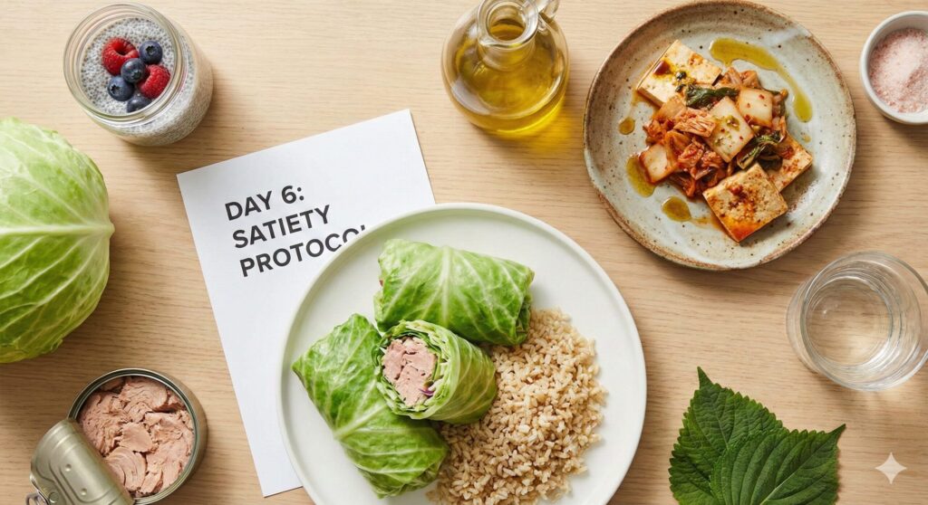 Day 6 meal plan featuring tuna cabbage wraps, chia seed pudding, and tofu kimchi.