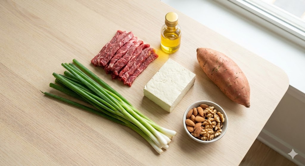 소고기 슬라이스, 대파, 두부, 고구마, 생 아몬드, 호두, 들기름 등 면역력과 장 건강을 위한 10일 차 바이오해킹 식단의 신선한 원재료 모음.