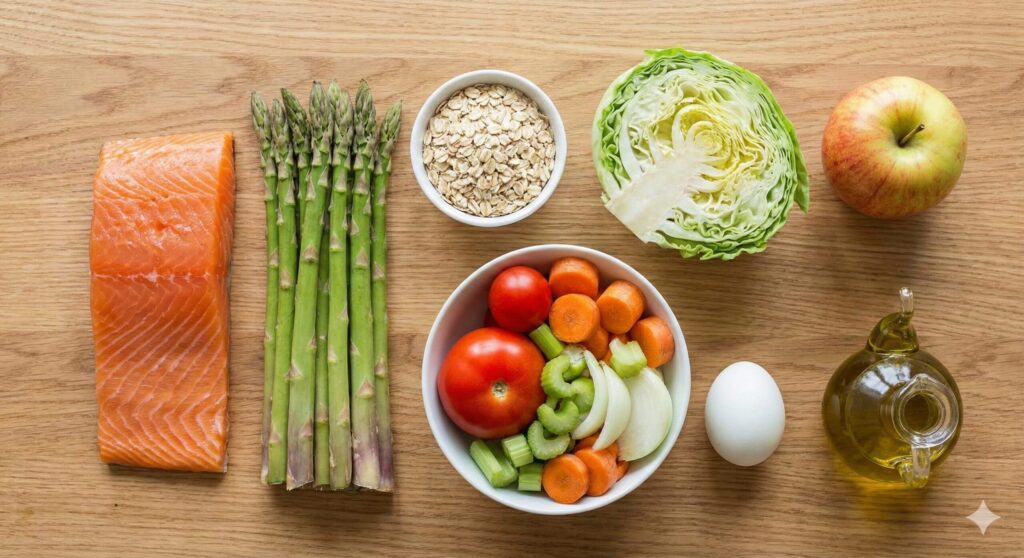 훈제 연어, 아스파라거스, 오트밀, 양배추, 사과, 마녀스프 등 장-뇌 축 수복을 위한 11일 차 바이오해킹 식단의 신선한 원재료 모음.