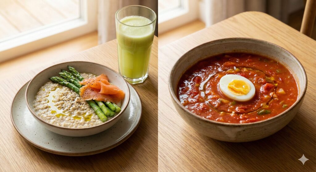 11일 차 바이오해킹 완성 식단 한 상 차림: 오트밀 위에 얹은 연어 아스파라거스 찜, 신선하게 갈아낸 양배추 사과 즙, 그리고 삶은 계란을 올린 대접 마녀스프.