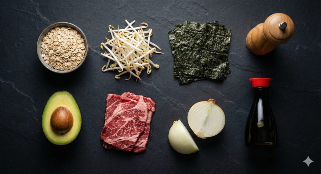 Raw ingredients including oats, bean sprouts, avocado, seaweed, beef, and onions for day 7 biohacking protocol.