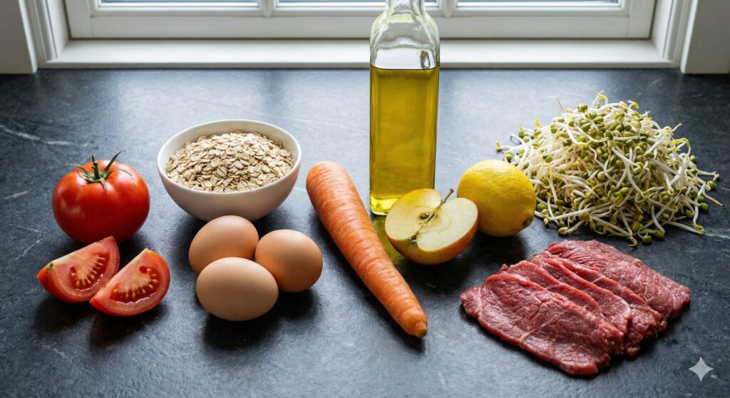 Raw ingredients for day 8 biohacking protocol featuring tomatoes, pasture-raised eggs, carrots, apples, beef slices, and a large pile of mung bean sprouts for cognitive and cellular health.