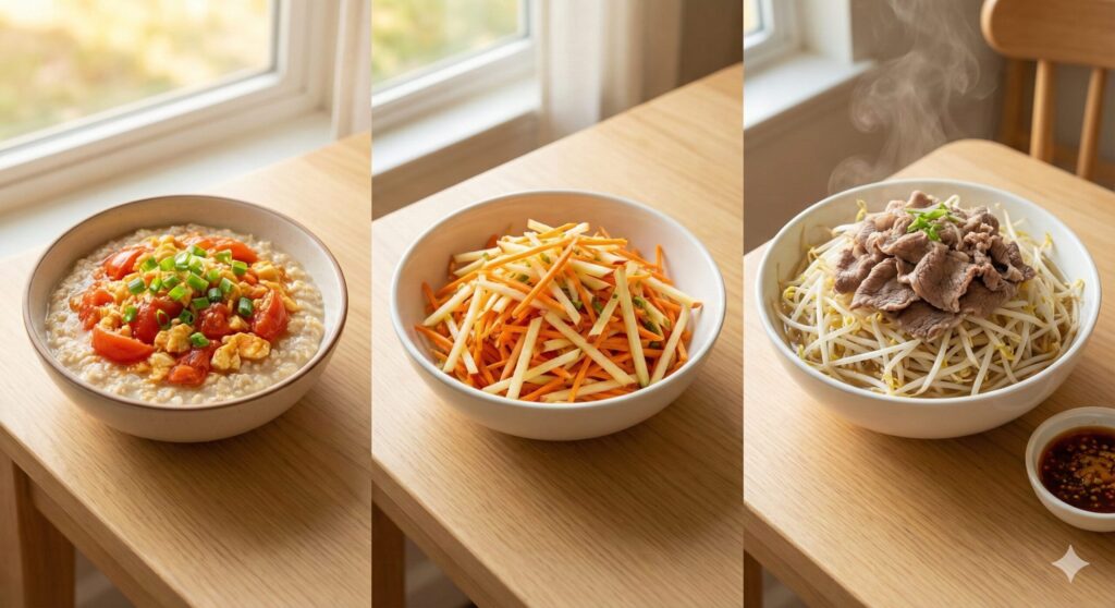 A complete spread of Day 8 biohacking meals: Tomato Egg Stir-fry served over oatmeal, a bowl of Apple Carrot Rapé salad, and Steamed Beef over a mountain of bean sprouts.