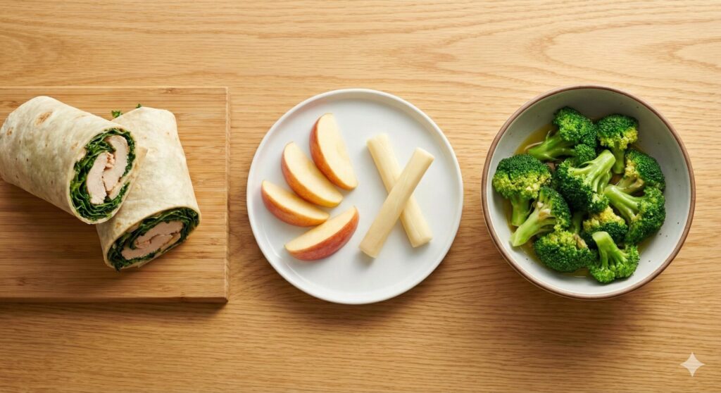 A complete spread of Day 9 biohacking meals: Chicken breast kale wraps, apple and string cheese snack, and steamed broccoli with garlic oil.