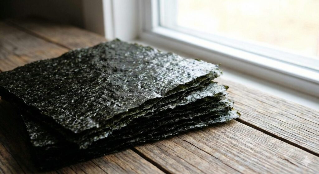 Stack of crisp dried seaweed sheets (Gim) by a window, representing a natural source of iodine for thyroid health and metabolism.