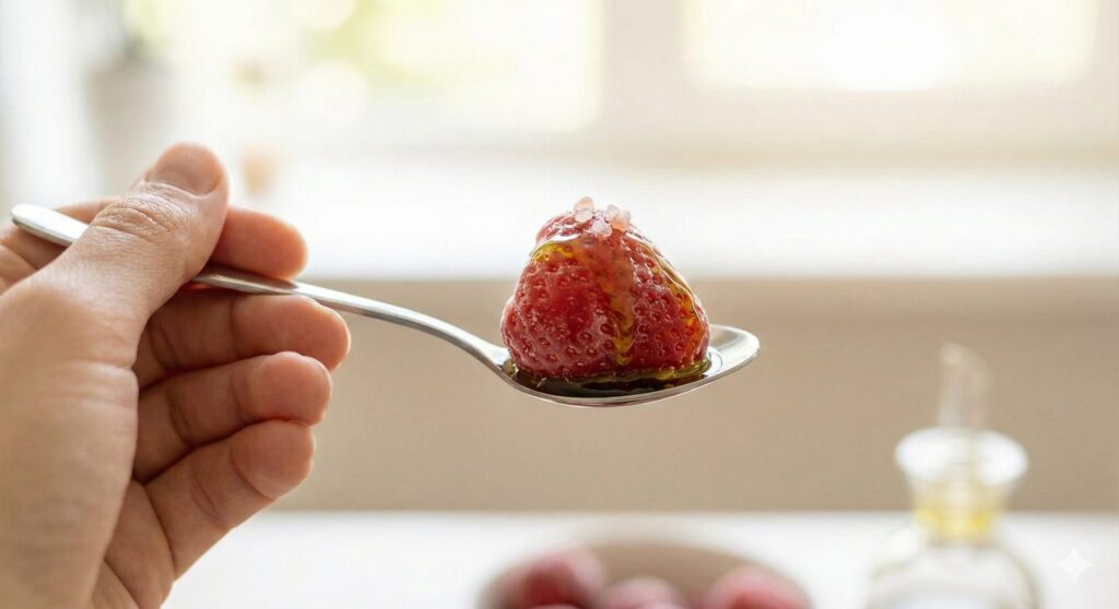 마시는 것보다 씹는 것을 강조한, 호두와 올리브오일을 곁들인 통 냉동 딸기