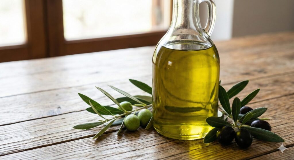 올레오칸탈의 주요 공급원임을 나타내는, 신선한 올리브 가지와 함께 거친 나무 탁자 위에 놓인 고품질 엑스트라 버진 올리브 오일 병.