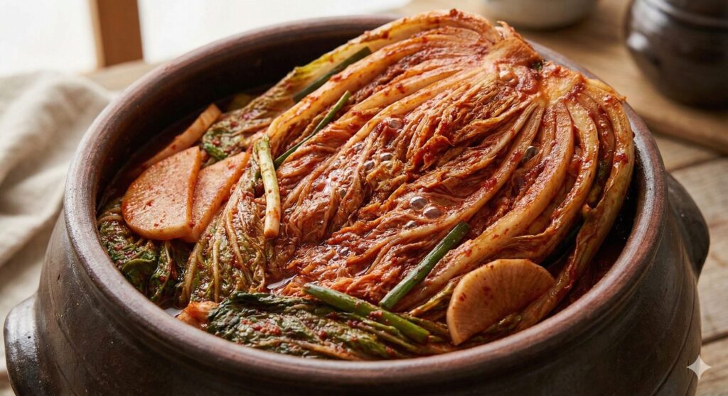 Properly fermented Kimchi, rich in Lactobacillus bacteria essential for the gut-brain axis and immune system.