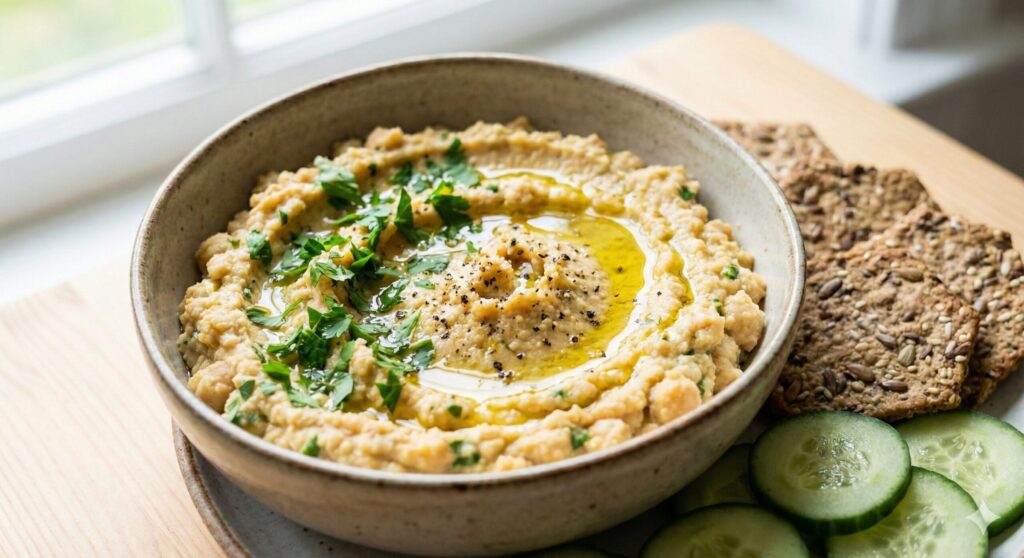  A bowl of freshly prepared chickpea mash salad with herbs and crackers, healthy plant-based meal.