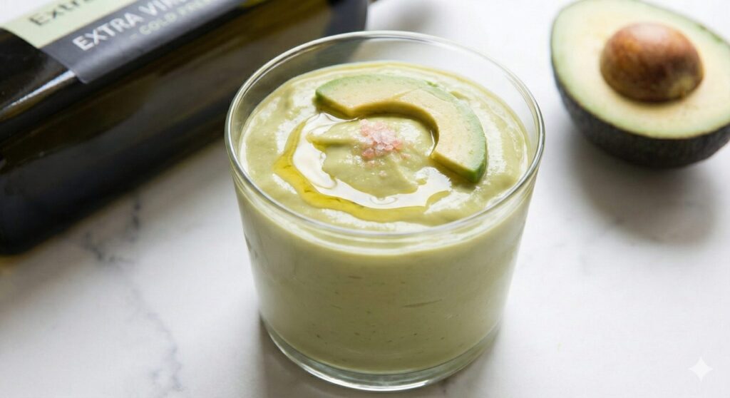 A close-up of a creamy, pale green avocado olive oil smoothie in a clear glass. A slight drizzle of golden olive oil is visible on top, with an avocado slice garnish. The texture looks thick and velvety.
