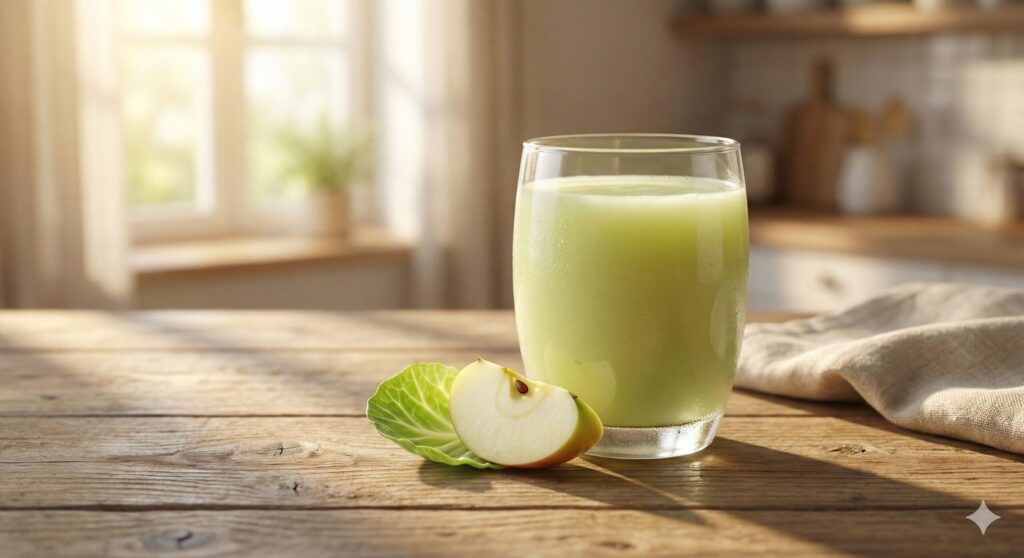 Fresh organic cabbage, red apple, coconut water, and ginger ingredients for gut health juice recipe.