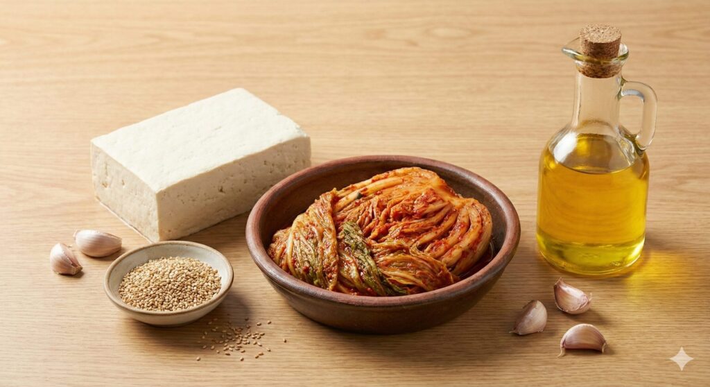 바이오해킹 두부김치 재료: 단단한 두부, 묵은지, 저온 압착 들기름.