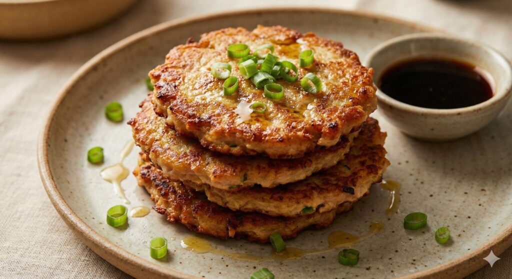 A stack of golden-brown, crispy flourless tuna fritters plated on a ceramic dish, garnished with chopped green onions and a slight drizzle of perilla oil.