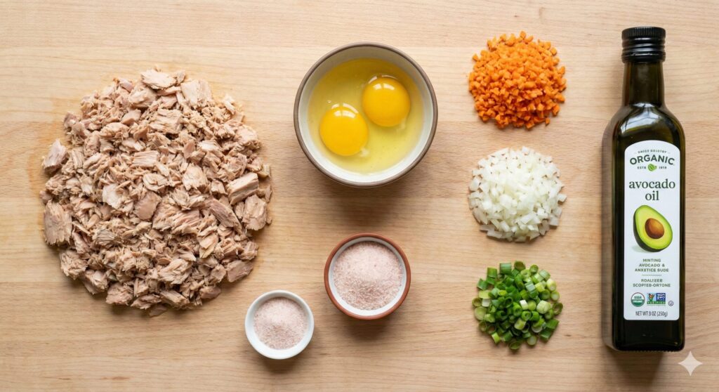Measured raw ingredients for flourless tuna fritters including thoroughly drained canned tuna, raw eggs, minced carrots, onions, green onions, and avocado oil.