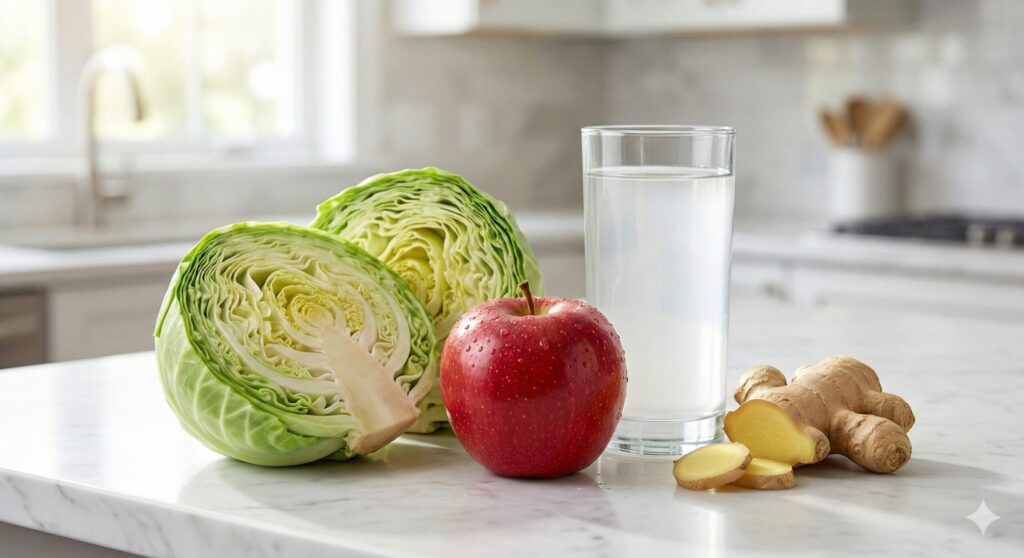 Fresh organic cabbage, red apple, coconut water, and ginger ingredients for gut health juice recipe.