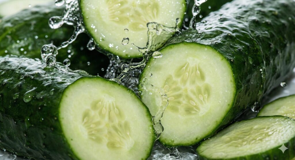 물방울이 맺힌 신선한 유기농 오이의 클로즈업 샷. 수분과 실리카가 풍부한 바이오해킹 식재료의 청량한 모습.