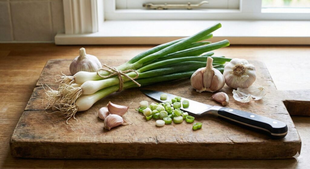 도마 위에 놓인 신선한 대파와 마늘. 알리신 성분이 풍부한 천연 항염증 식재료의 모습.