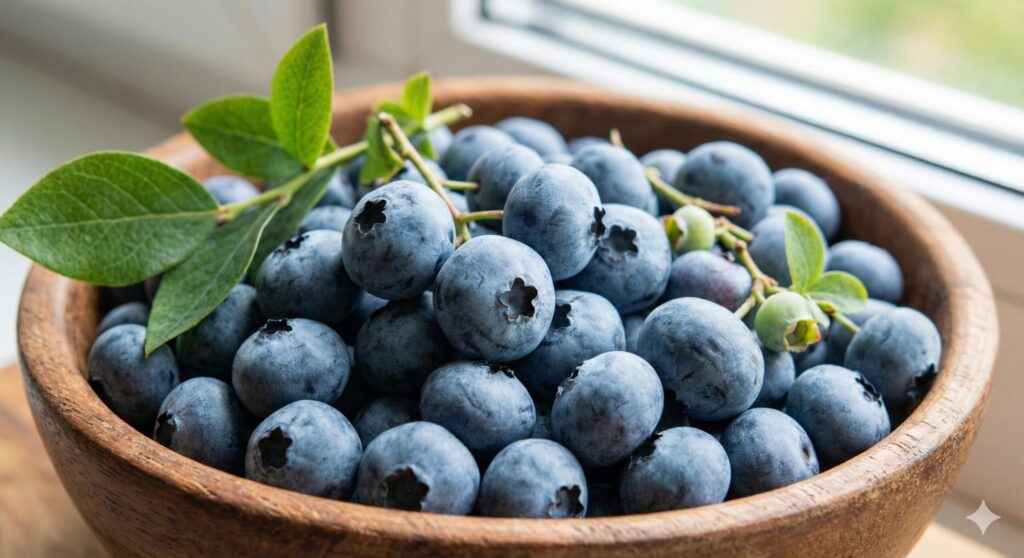 안토시아닌 함량이 높아 "브레인 베리"로 알려진, 자연스러운 과분이 덮인 신선하고 통통한 유기농 블루베리가 담긴 나무 그릇.