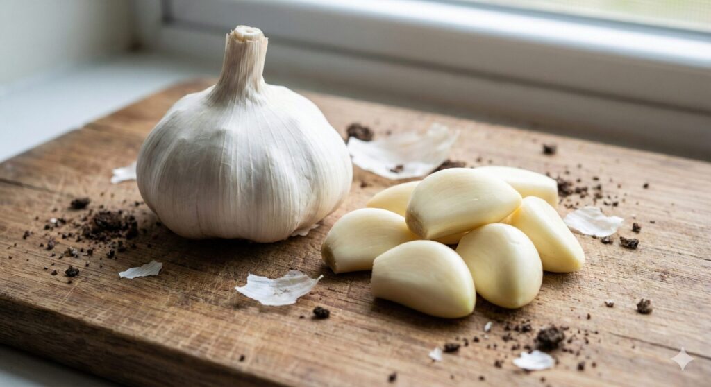 면역력 강화와 염증 감소를 위한 알리신의 보고, 신선한 유기농 통마늘과 깐마늘.