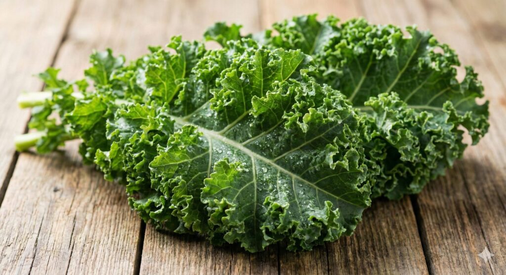 항염 식단을 위해 손질된 신선한 유기농 케일 잎, 녹색 채소 클로즈업.