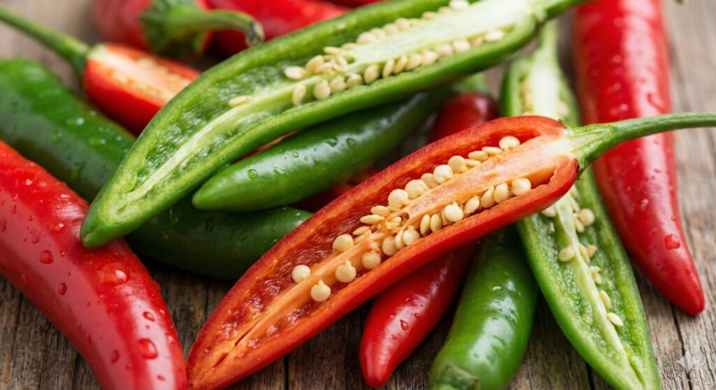 신선한 홍고추와 청고추의 고해상도 접사 사진. 영양소가 풍부한 씨앗과 하얀 태좌가 보이도록 일부가 잘려 있는 모습. 천연 대사 부스터 식재료.