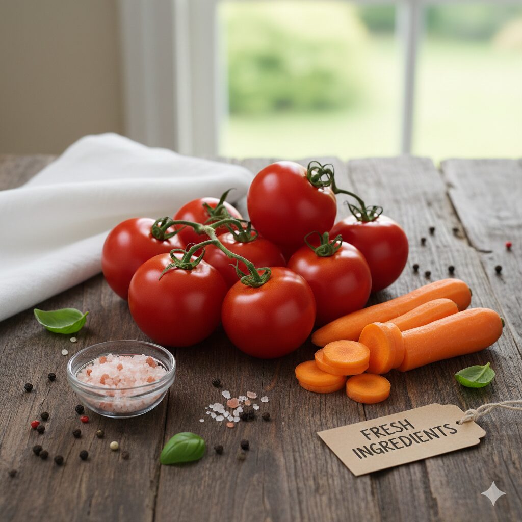 Fresh red tomatoes, sliced carrots, and pink salt on a wooden table, ingredients for sugar-free biohacking tomato sauce.