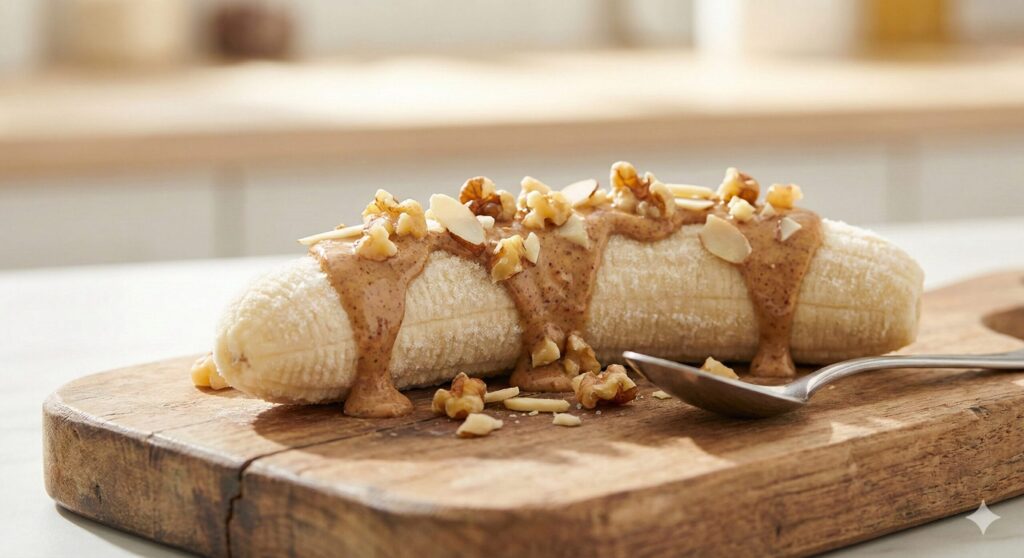 아몬드 버터와 호두를 곁들인 통 냉동 바나나 스낵