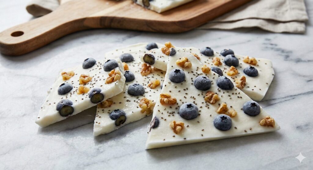 Shards of frozen Greek yogurt bark embedded with blueberries and walnuts, resting on a marble surface, serving as a healthy summer snack.