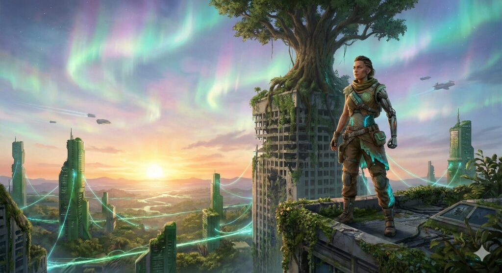 밝게 빛나는 미래 도시의 지평선을 바라보는 건강하고 당당한 여성의 뒷모습, 역노화와 미래에 대한 희망.