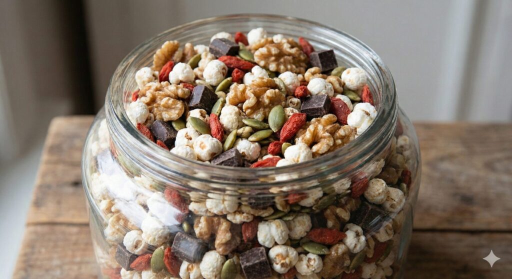 A close-up look at the finished Korean Gangnaengi Trail Mix stored in a large glass jar, showing a colorful and crunchy blend of puffed corn, nuts, seeds, and dried fruit.