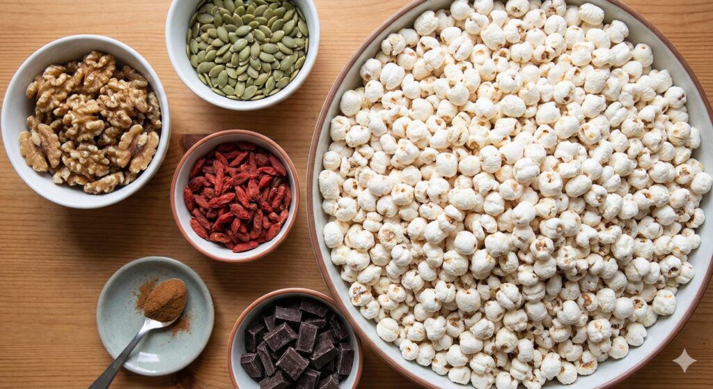 A flat lay displaying the huge volume of Korean puffed corn alongside smaller portions of walnuts, pumpkin seeds, goji berries, and dark chocolate for a satiety-boosting trail mix.