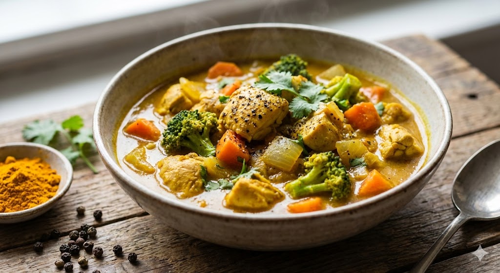 커큐민 흡수율을 높이기 위해 후추를 뿌린, 뇌 기능을 향상시키는 선명한 황금빛 닭고기 야채 커리.