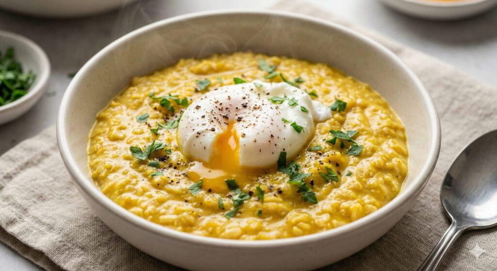 A warm bowl of creamy, golden-yellow curry oatmeal porridge topped with a perfectly poached egg, a sprinkle of cracked black pepper, and fresh herbs. Steam rises from the bowl.
