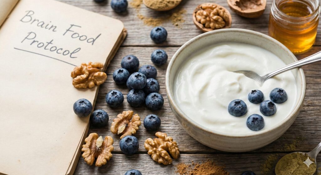 A rustic wooden table showing a bowl of thick Greek yogurt, fresh blueberries, brain-shaped walnuts, honey, and a notebook labeled "Brain Food Protocol".