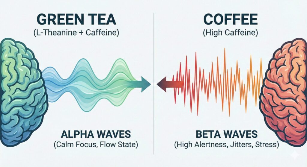녹차의 L-테아닌이 뇌의 알파파(차분한 집중)를 활성화하는 반면, 커피의 고카페인이 베타파(각성, 스트레스)를 자극하는 대조적인 효과를 보여주는 과학적 바이오해킹 인포그래픽.